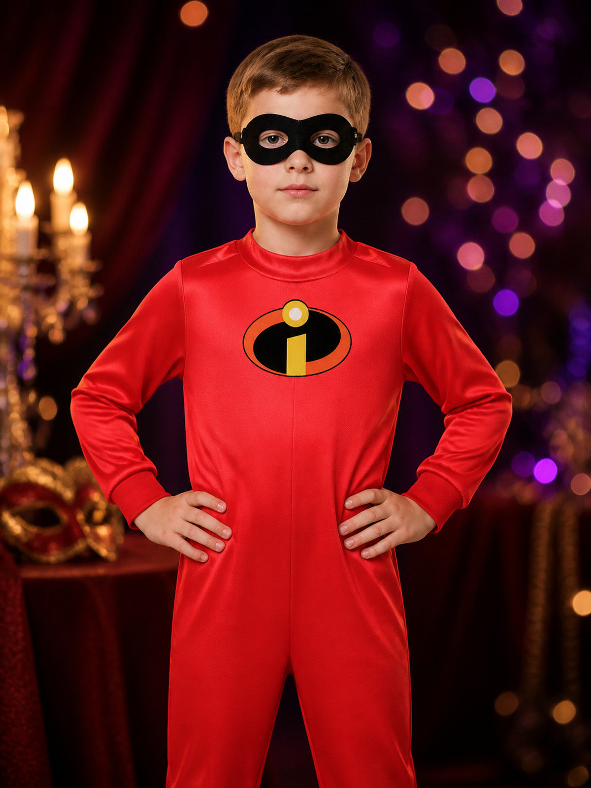 Kids Superhero Bodysuit Costume with Eye Mask, Red Long Sleeve Jumpsuit for on-model view