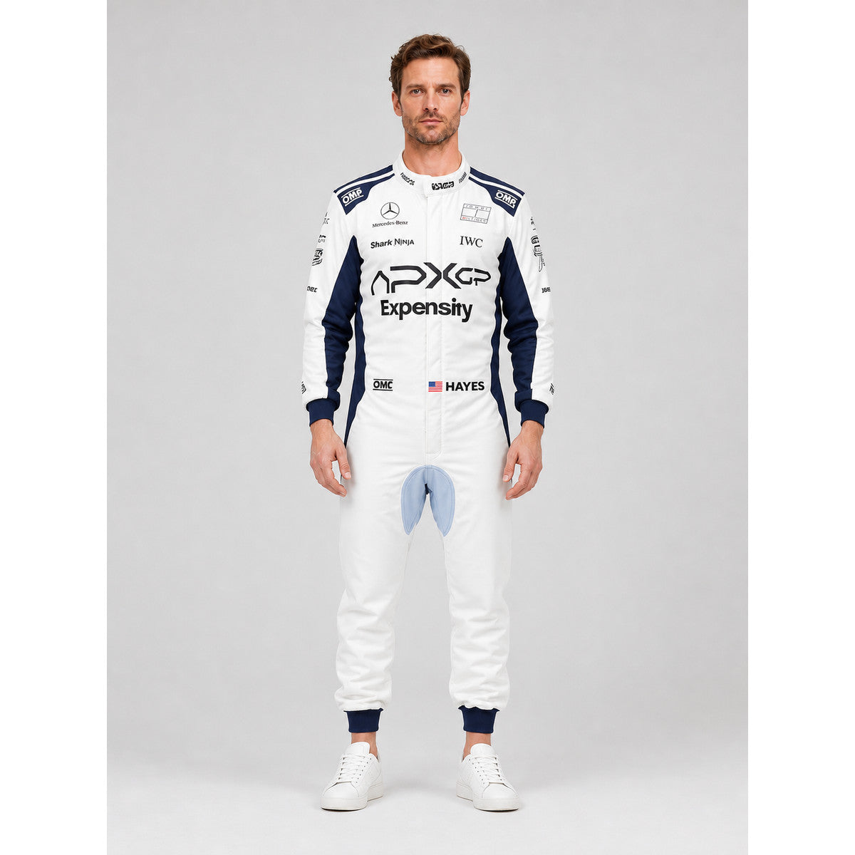White and Navy Blue Racing Jumpsuit for Cosplay, Costume on-model view