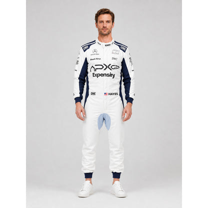 White and Navy Blue Racing Jumpsuit for Cosplay, Costume on-model view