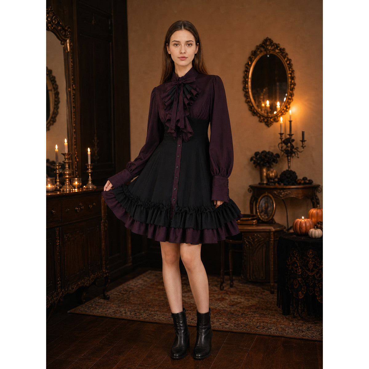 Black and Burgundy Dress with Ruffles and a High Collar on-model view