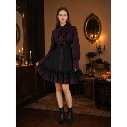 Black and Burgundy Dress with Ruffles and a High Collar on-model view