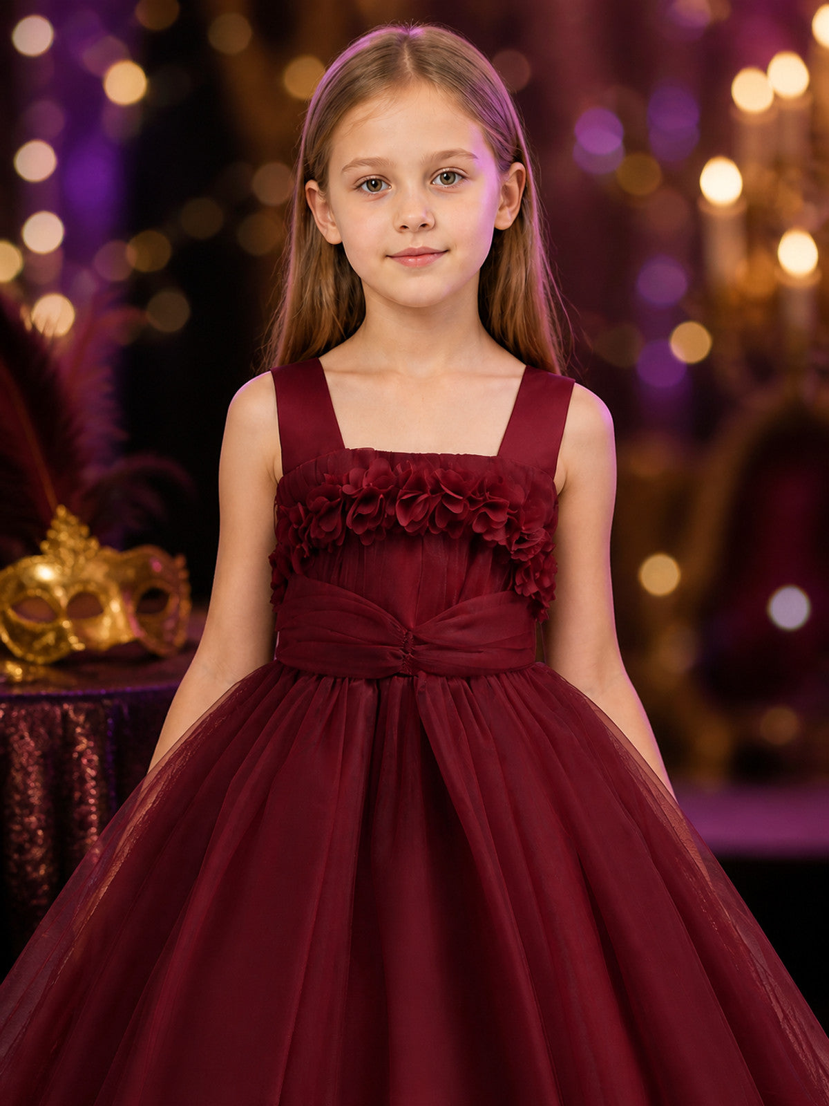 Girls' Burgundy Princess Dress, Floor-Length Tulle Formal Gown with Layered on-model view