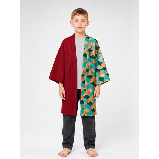 This long kimono-style wrap features a striking two-tone design and an unusual geometric pattern. The style is made as a long open-front garment with a straight hem and wide three-quarter sleeves. One side has a solid deep red panel, while