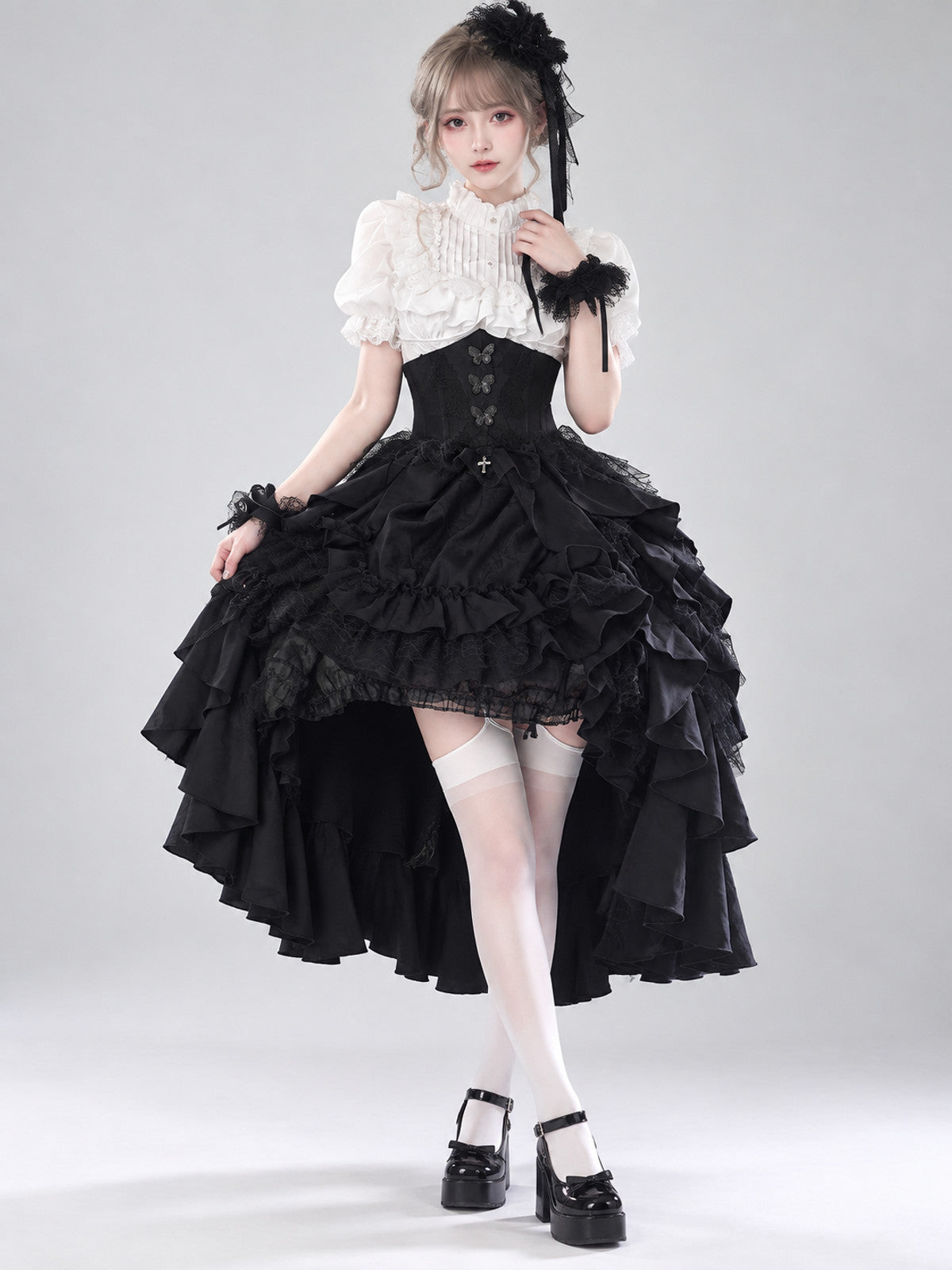 Black Lolita Skirt with Ruffles and Asymmetrical Hem