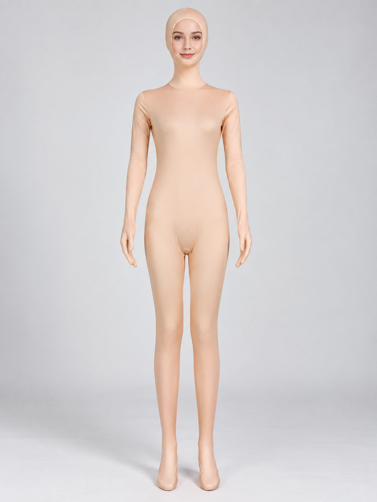Nude Beige Zentai Suit with Hood and Zipper