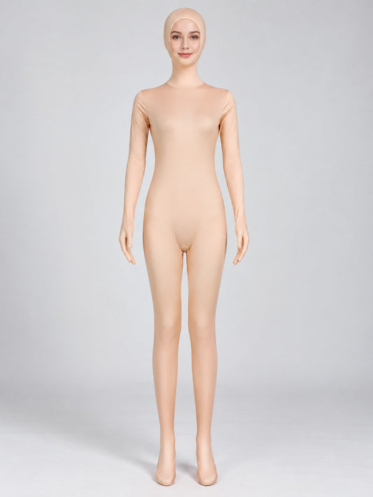 Nude Beige Zentai Suit with Hood and Zipper