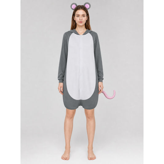 Adult Gray Mouse Costume Set with White Belly, Pink Tail and Mouse-Ear Headband for Costume Parties, Cosplay and Themed Events