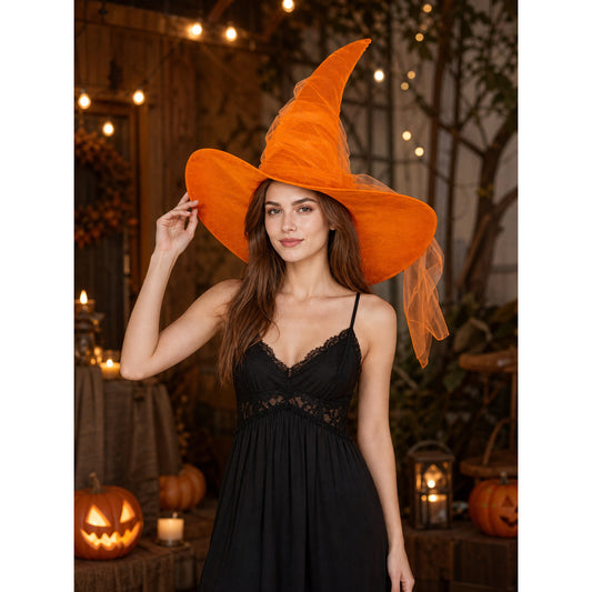 Orange Halloween Witch Hat, Tall Curved Pointed Crown, Wide Floppy Brim, Sheer Mesh Draping, Costume Accessory for Parties