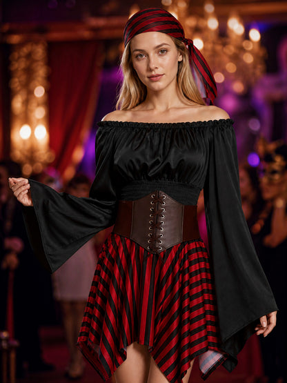Women's Pirate Costume Set, Black Long Sleeve Top and Red Striped Skirt with on-model view