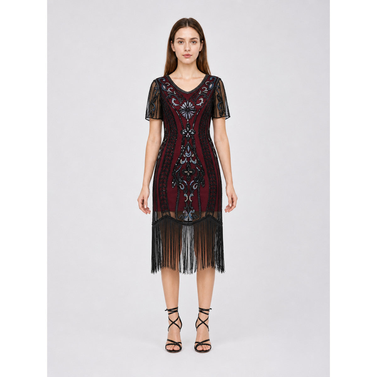 1920s-Style Evening Dress with Fringe and Sequins