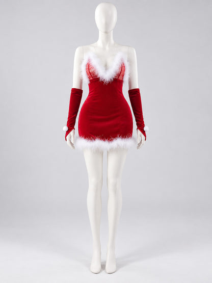 Red carnival dress with white faux fur trim