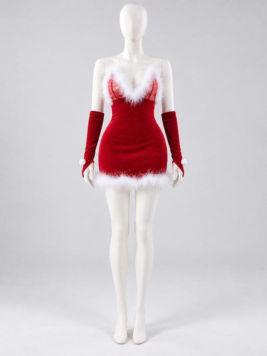 Red carnival dress with white faux fur trim