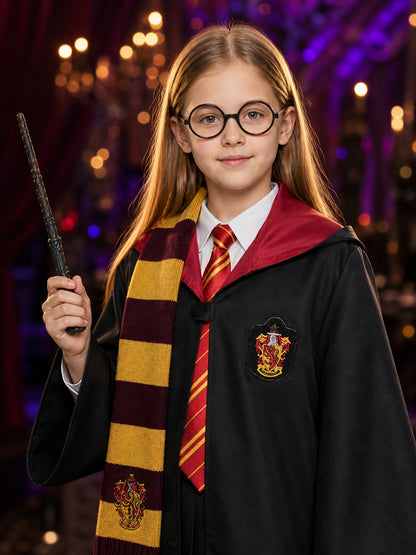 Red and Gold Striped Wizard Robe Costume Set with Hood, Tie, Scarf, Glasses & on-model view