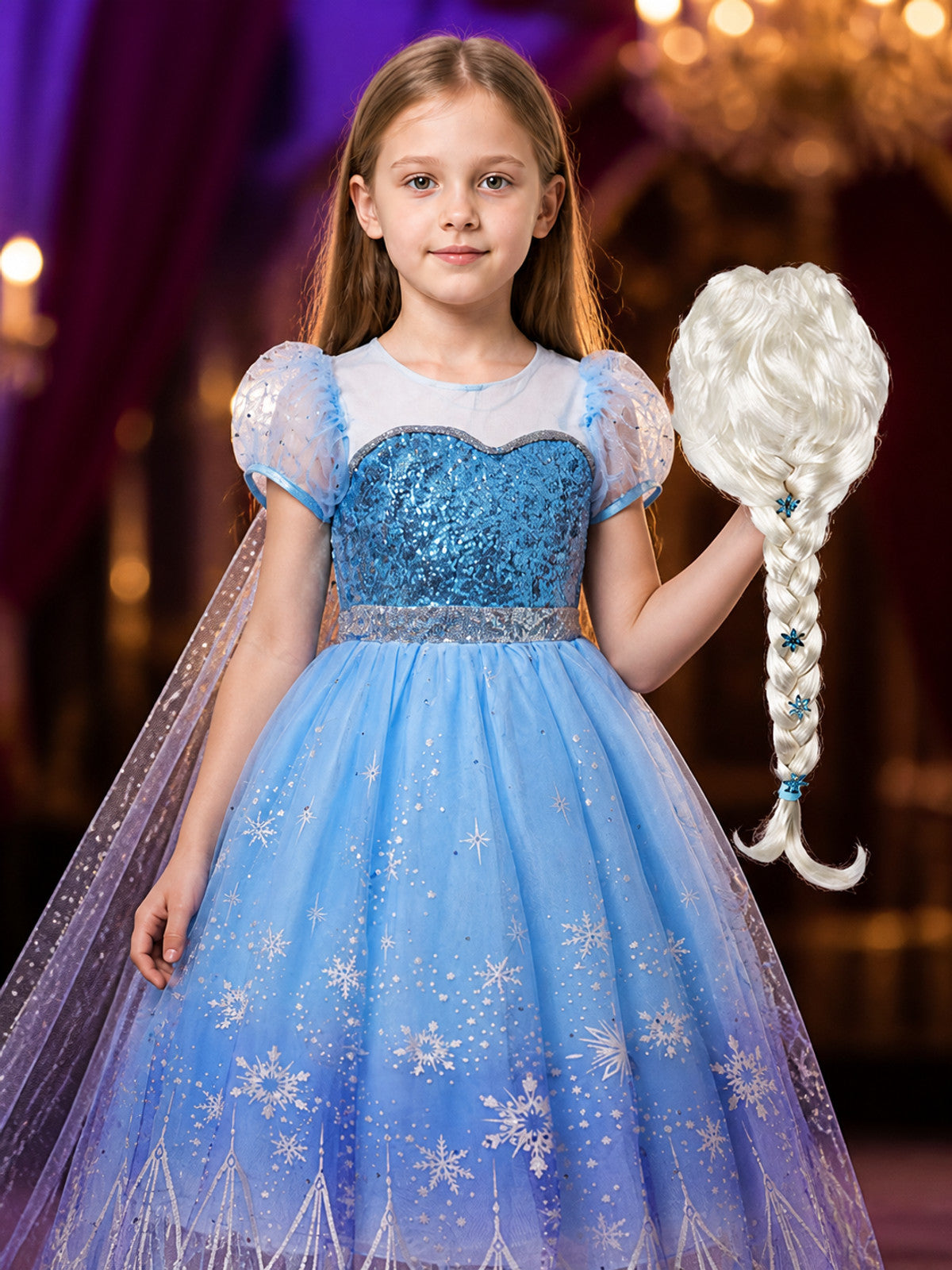 Girls Snow Queen Sequined Costume Dress, Blue Puffy Gown with Cape and Wig on-model view