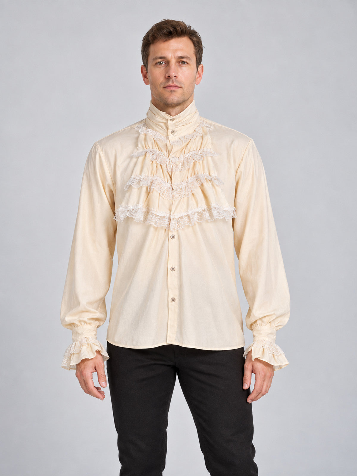 Light beige shirt with a high collar, jabot and ruffles