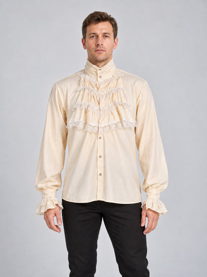 Light beige shirt with a high collar, jabot and ruffles