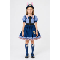 Judy Hopps Kids’ Police Officer Bunny Costume – Girls' Dress with Bunny Ears Hat, Tie & Knee Socks
