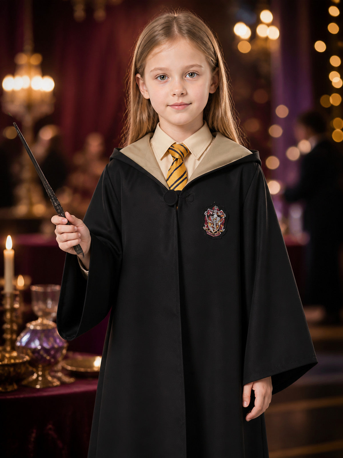 Hufflepuff Wizard Robe Costume Set, Hooded Long Cloak With Tie on-model view