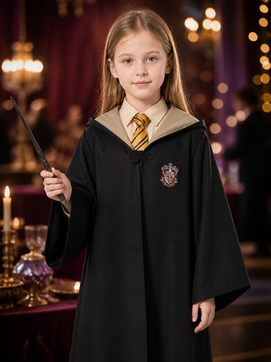 Hufflepuff Wizard Robe Costume Set, Hooded Long Cloak With Tie on-model view