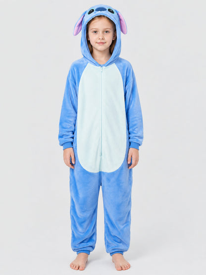 Hooded Pajama Jumpsuit with Ears, Cartoon Print