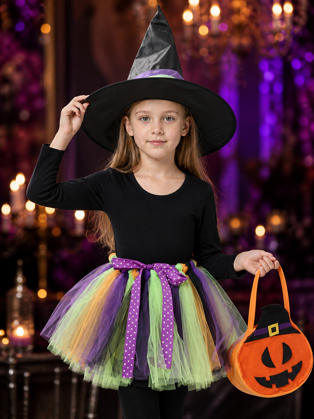 Kids' Halloween Witch Costume Set with Long-Sleeve Top, Tutu Skirt, Hat and on-model view