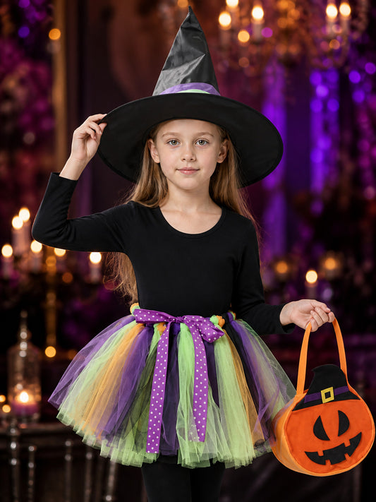 Kids' Halloween Witch Costume Set with Long-Sleeve Top, Tutu Skirt, Hat and on-model view
