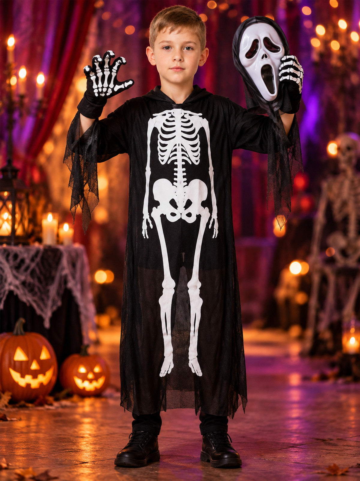Kids' Skeleton Carnival Costume with Mask and Gloves