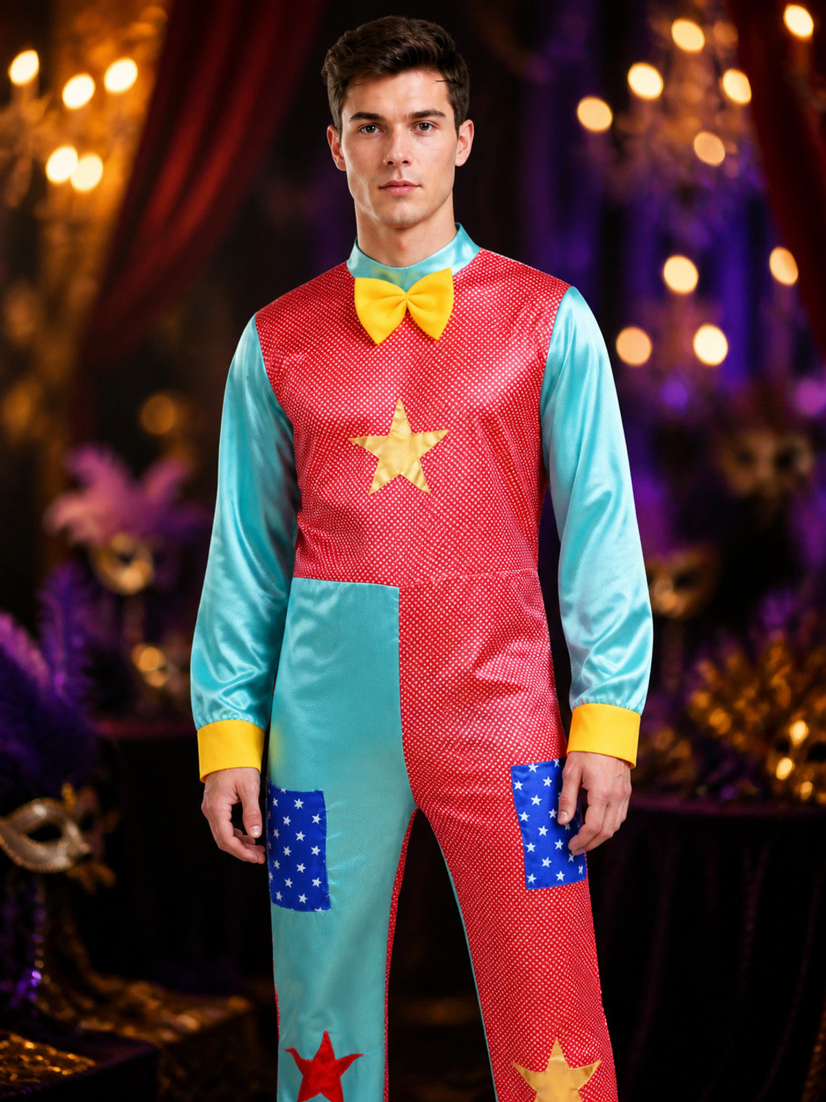 Unisex Adult Clown Jumpsuit Costume, Red and Blue Star Pattern with Bow Tie for on-model view