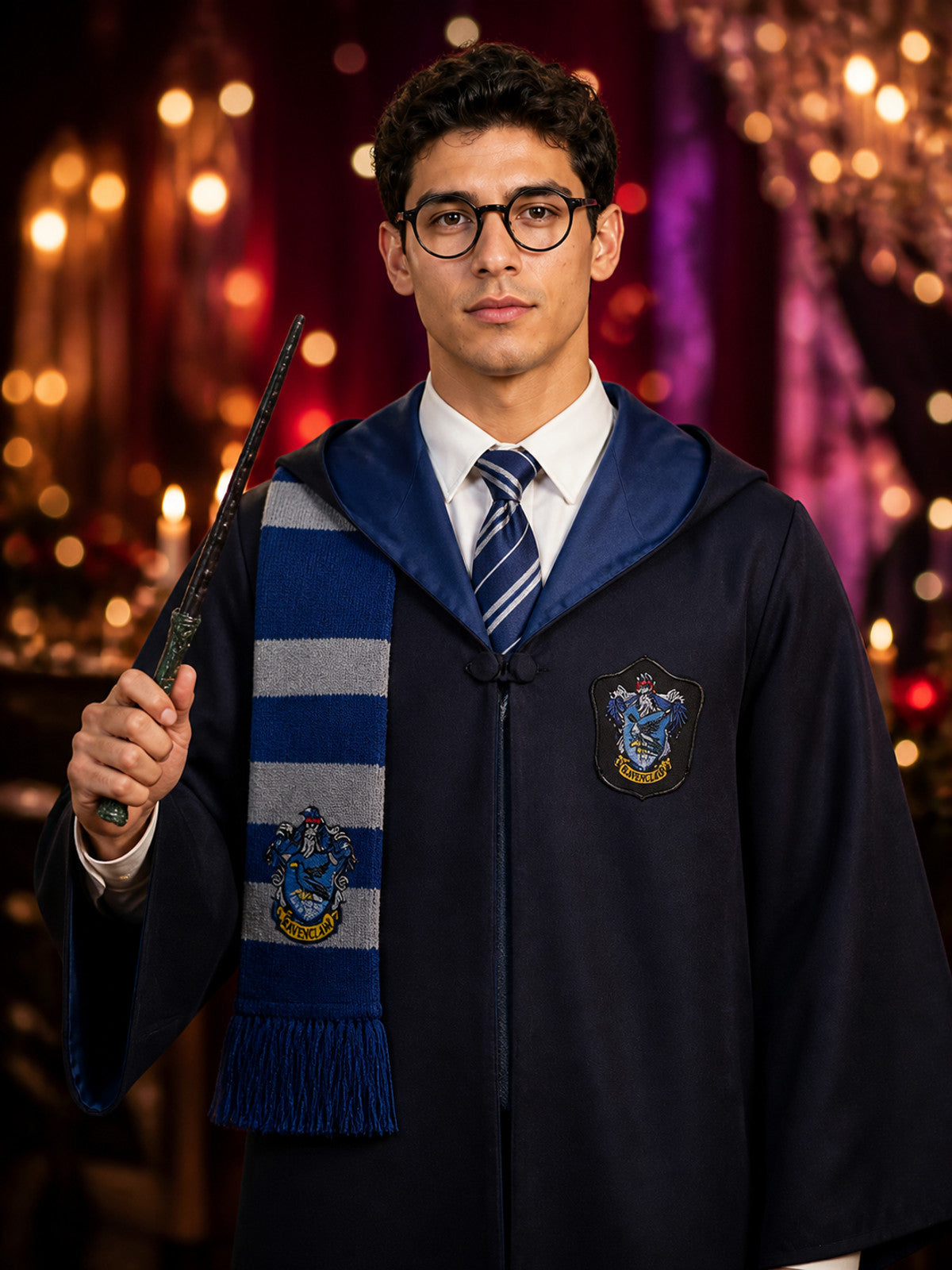 Wizard Robe Costume Set with House Crest, Stripe Tie, Scarf, Glasses & Magic on-model view
