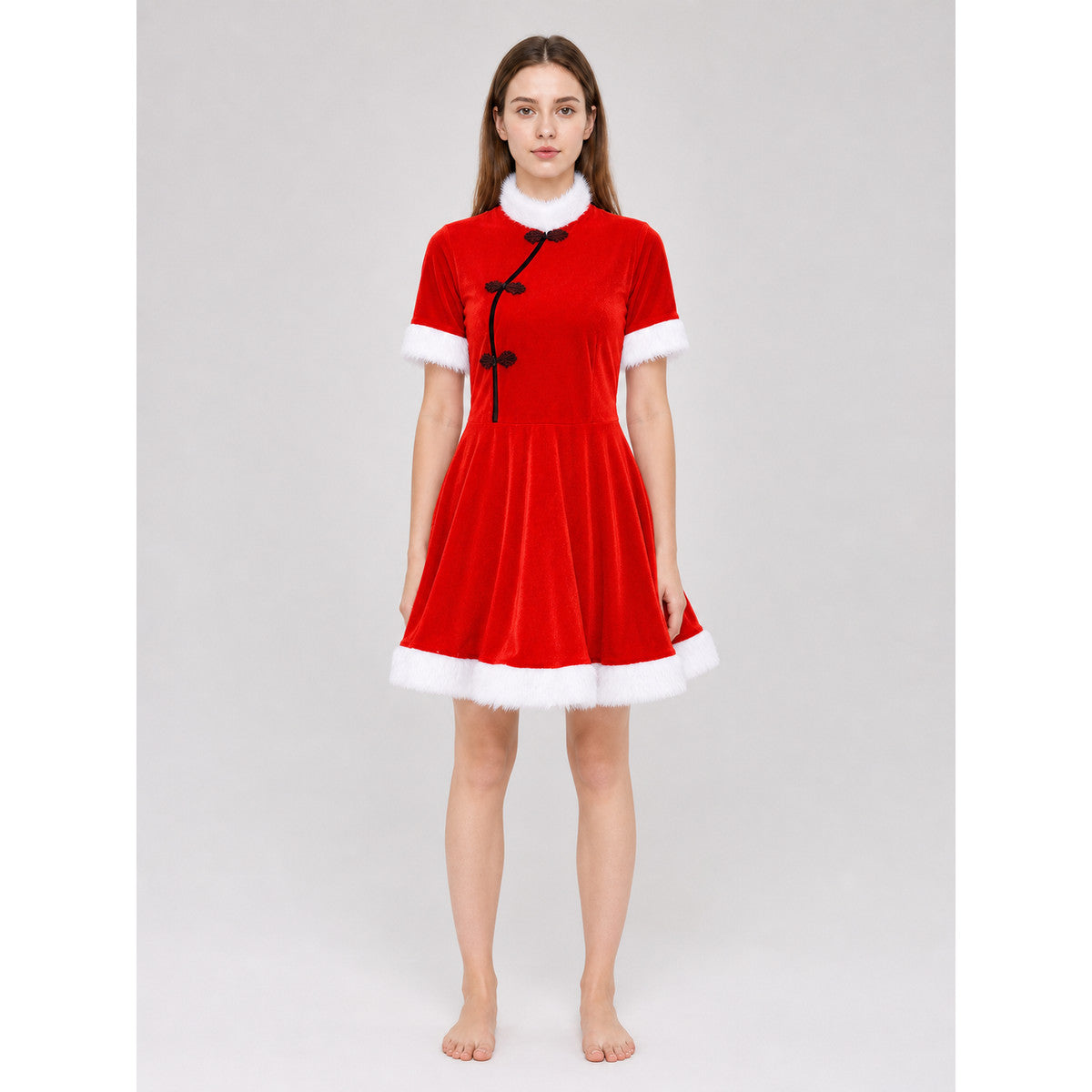 Festive Christmas Dress in Red with Trim on-model view