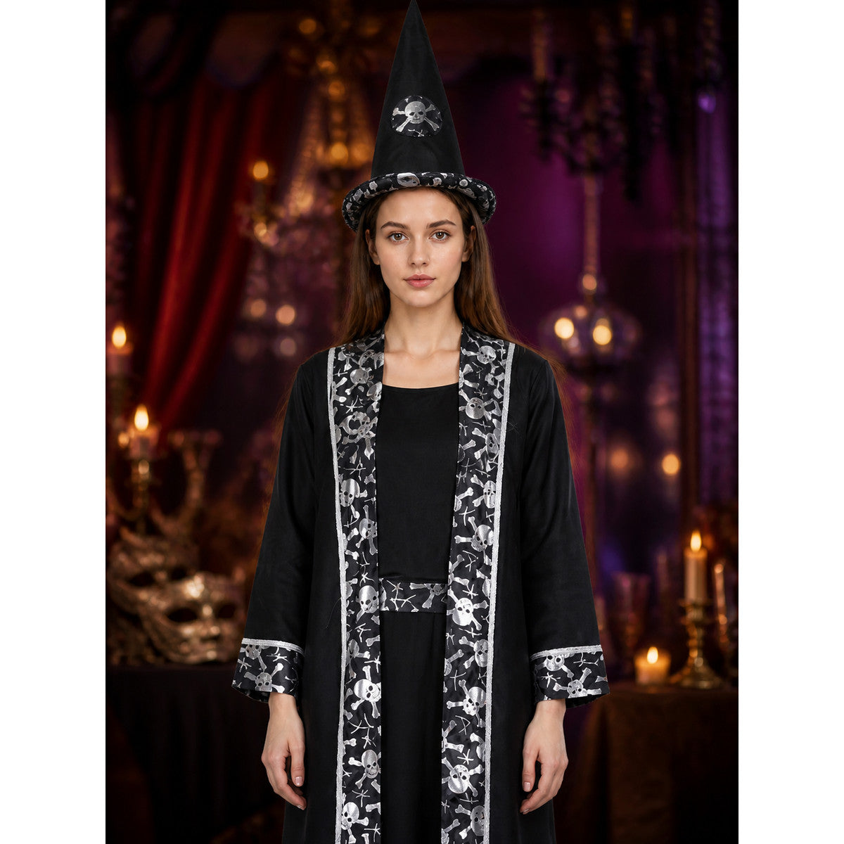 Costume with Black Robe, Hat, and Beard on-model view
