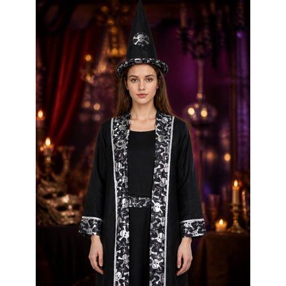 Costume with Black Robe, Hat, and Beard on-model view
