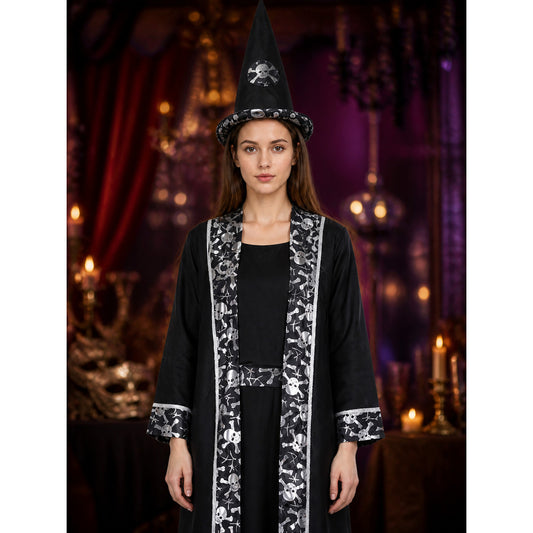 Costume with Black Robe, Hat, and Beard on-model view