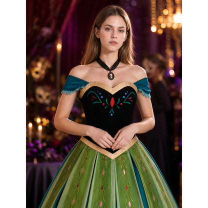 Adult Anna Princess Costume Set, Embroidered Top, Skirt And Necklace on-model view