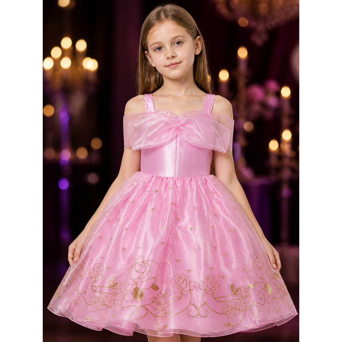 Girls Pink Princess Costume Dress, Tutu with Bow and Gold Star Rose Print on-model view