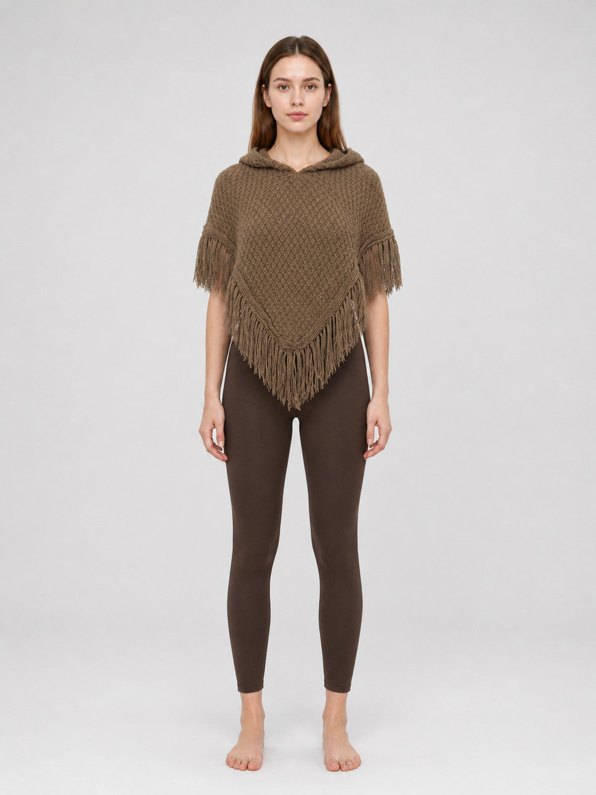 Triangle Hooded Cape with Fringe, Brown