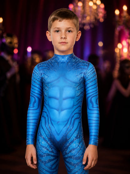 Children's Blue Full Body Muscle Print Jumpsuit Halloween Costume on-model view
