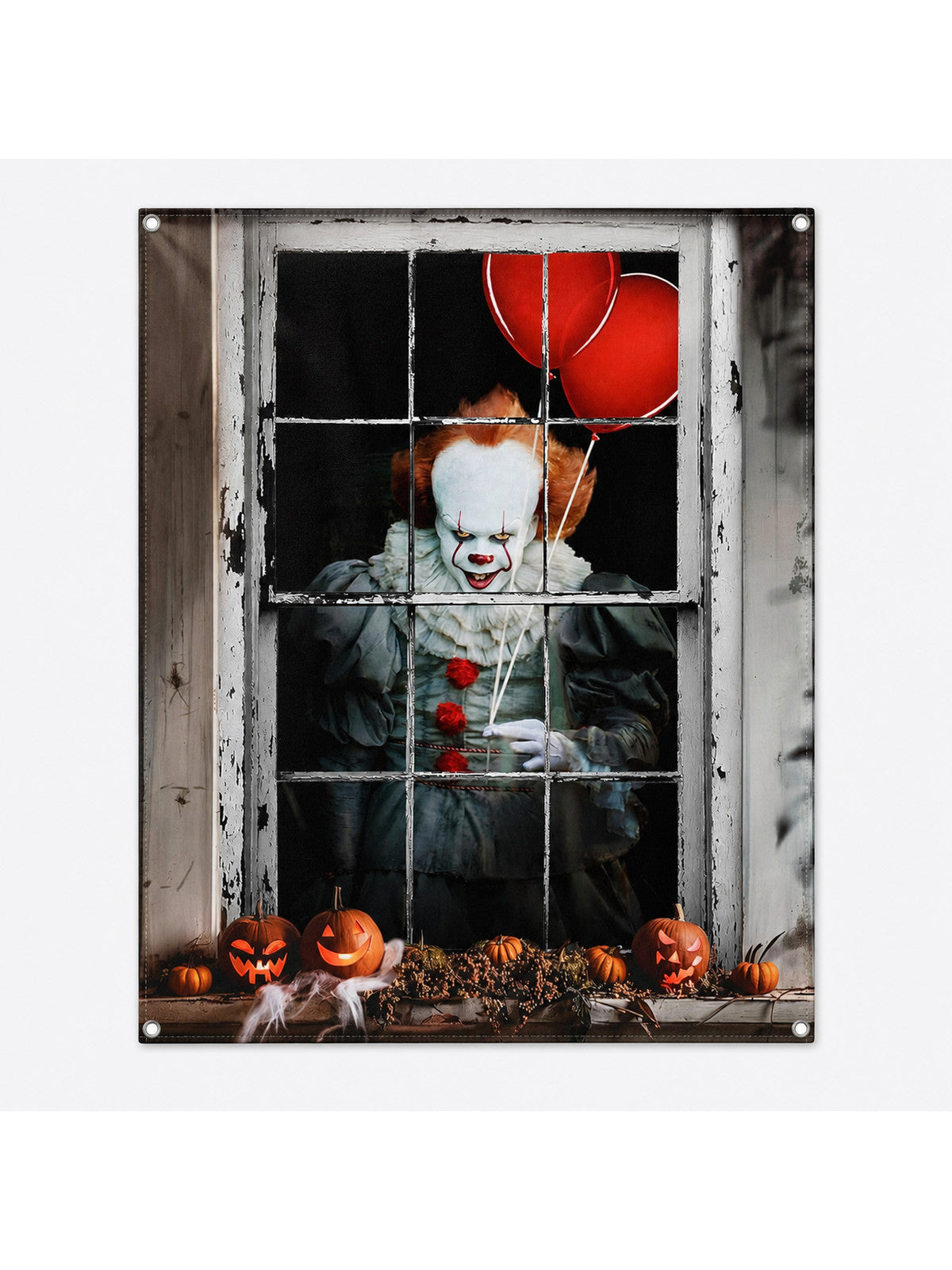 1pc Halloween Clown Backdrop, Vintage Window Frame with Red Balloons main product view