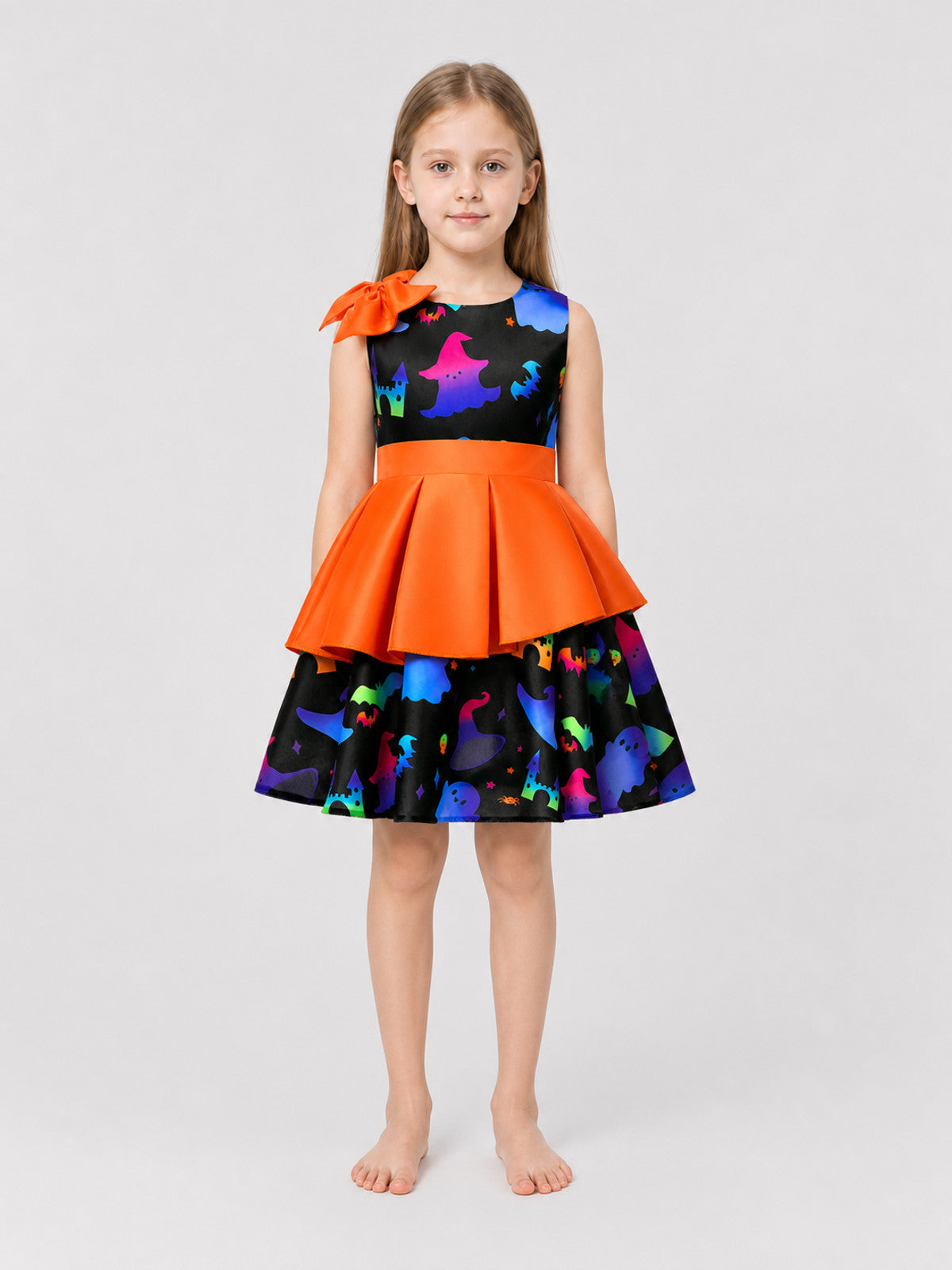 Children's Halloween Print Dress with Full Skirt on-model view