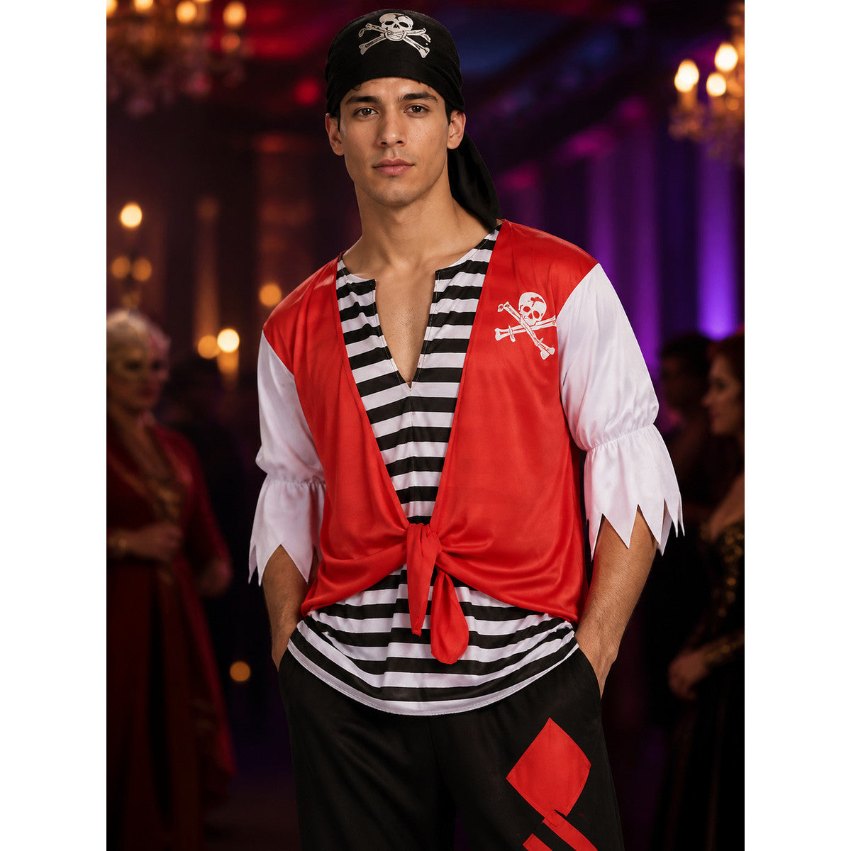 Adult Pirate Halloween Costume Set, Lace-Up Red Vest Top, Black/White Striped on-model view