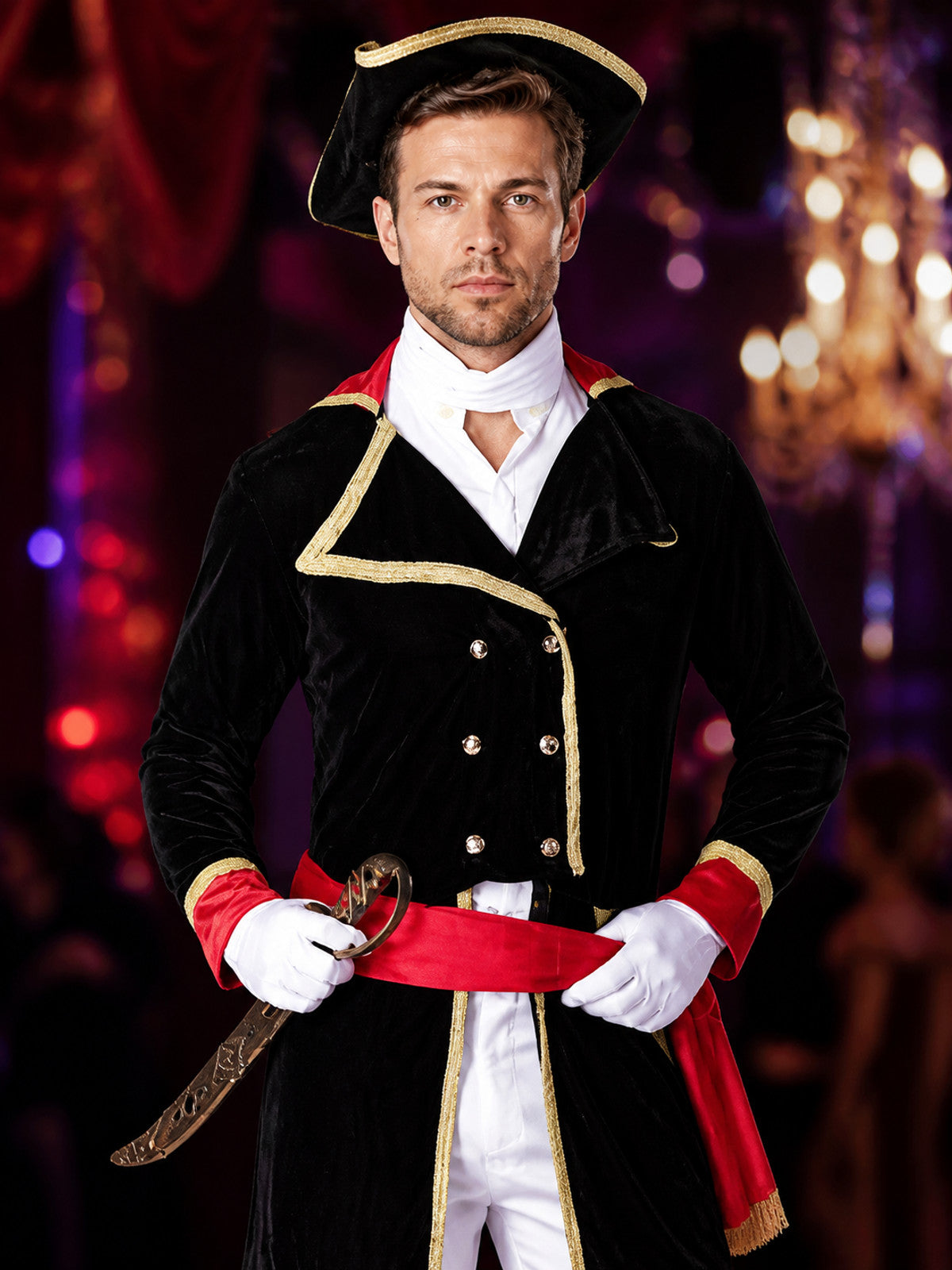 Adult Pirate Captain Halloween Costume Set With Hat, Coat, Tie, Gloves, Belt And on-model view