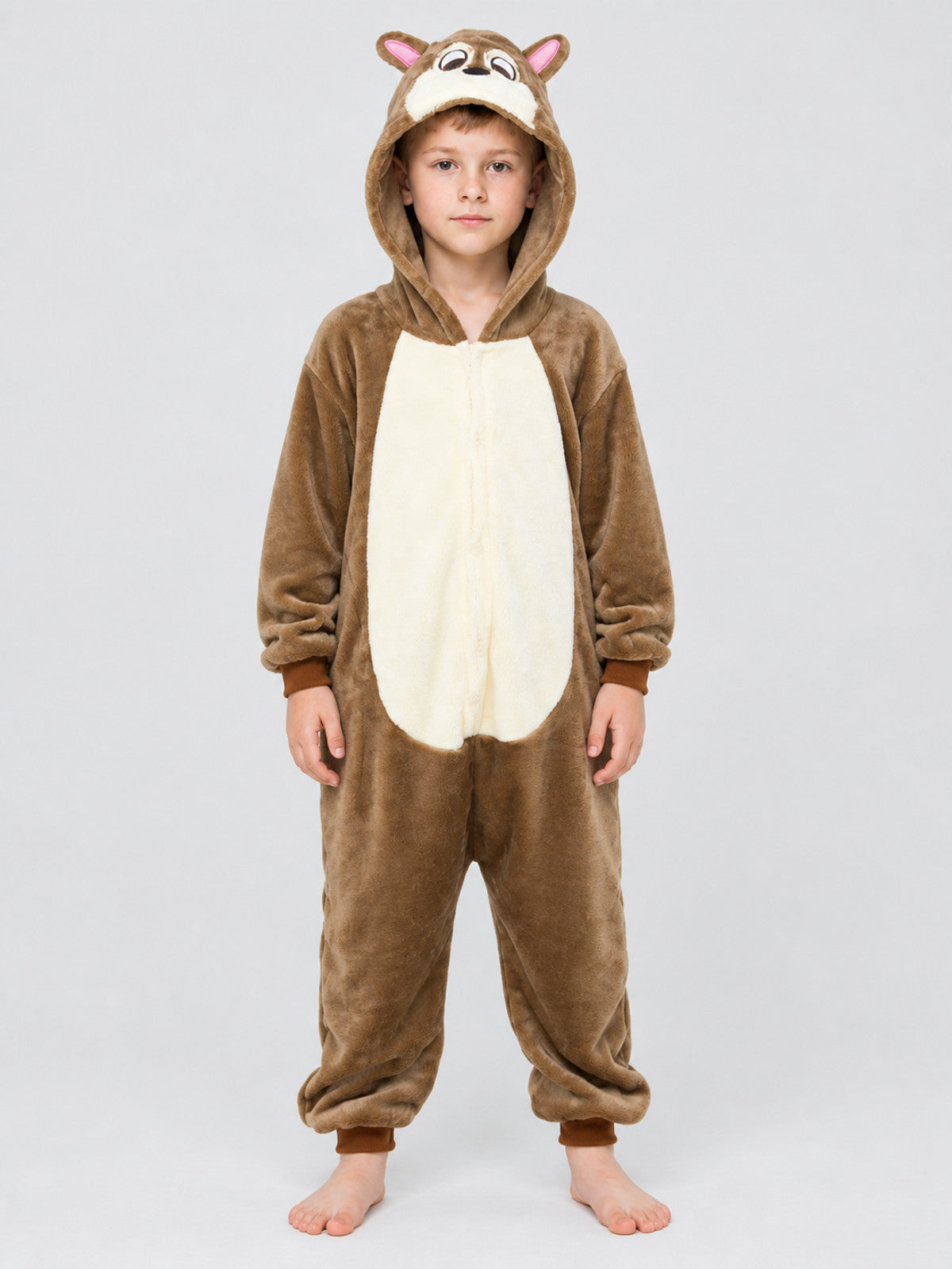Brown hooded children's pajama jumpsuit with ears