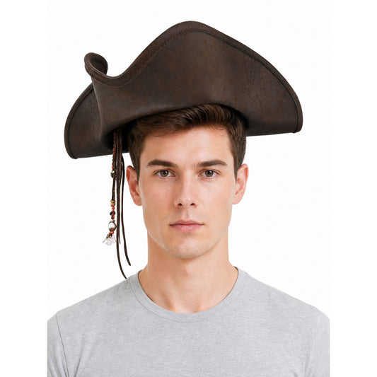 Dark Brown Tricorn Pirate Hat, Three-Cornered Structured Crown with Broad Curved Upturned Brim and Stitched Edging for Cosplay Costumes, Theatrical Performances and Fantasy Events