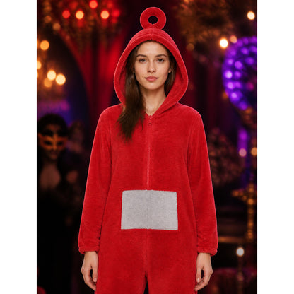 Adult Red Antenna Hooded Jumpsuit Costume with Gray Belly Patch, Funny Halloween on-model view