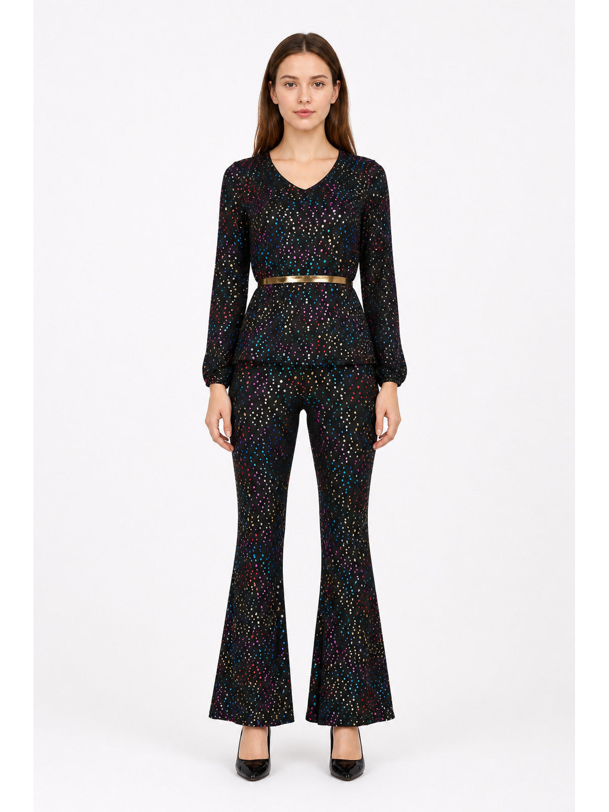 Sequined Jumpsuit with Flared Legs and a V-Neck main product view