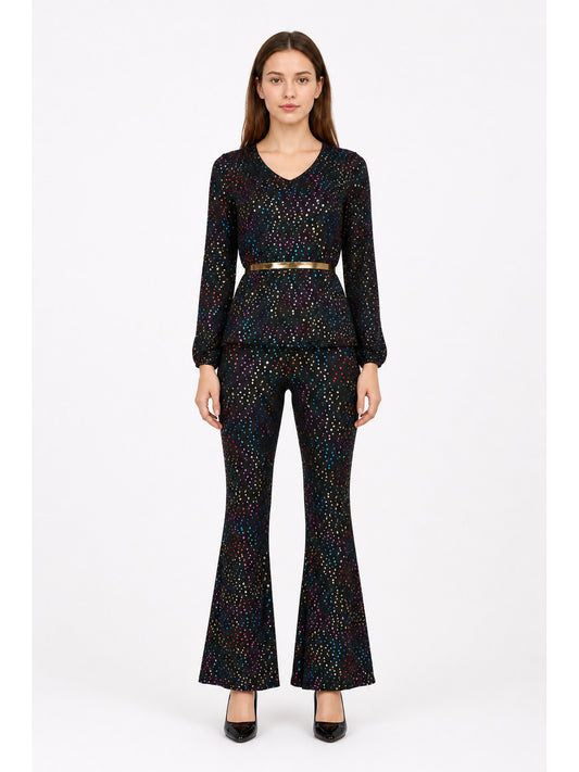 Sequined Jumpsuit with Flared Legs and a V-Neck main product view