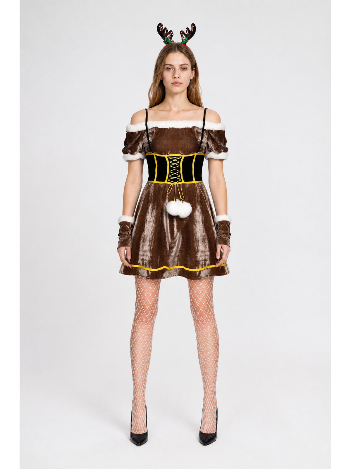 Deer Costume with Antlers, White Trim, and Pom-Poms main product view