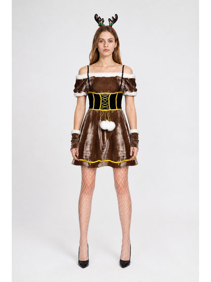 Deer Costume with Antlers, White Trim, and Pom-Poms main product view