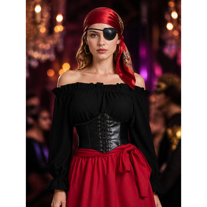 Theatrical pirate costume set with accessories. The two-color design in black on-model view