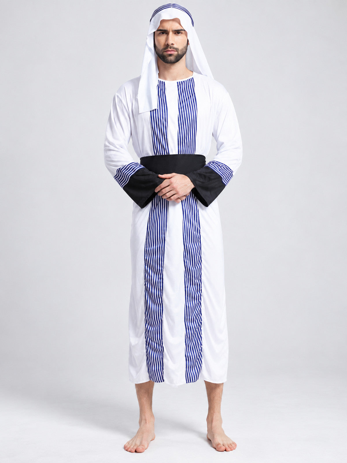 Sheikh Costume: Long Striped Robe, Headscarf, Belt